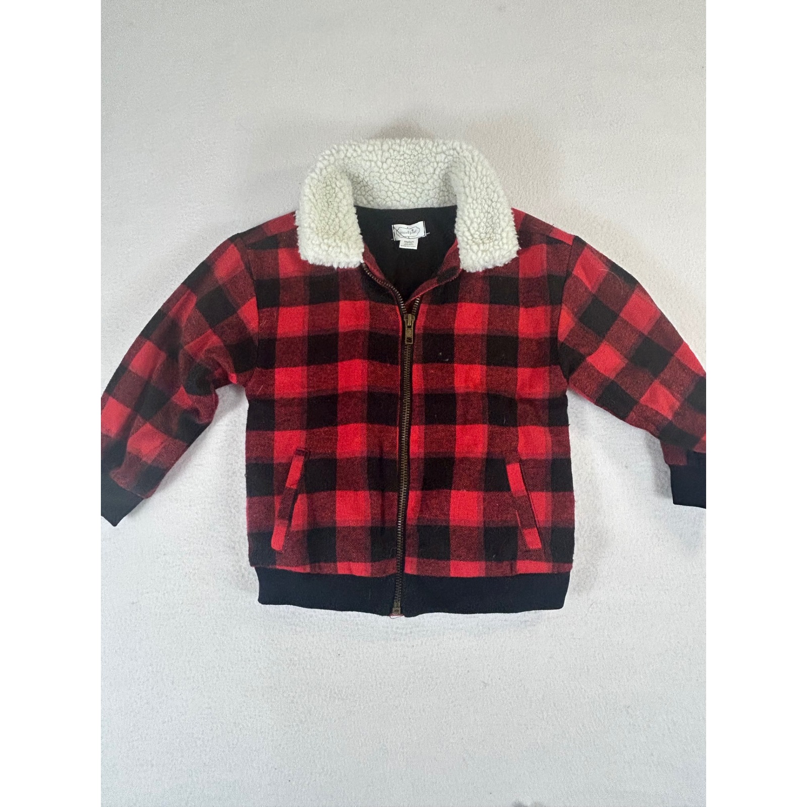 Mud Pie Kids Red Black Buffalo Plaid Faux Shearling Collar Bomber Jacket 2t-3t